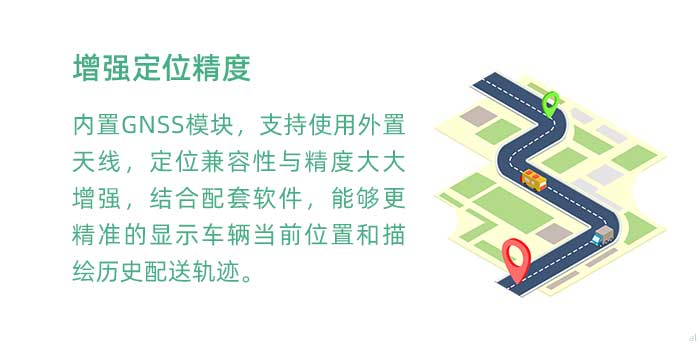 高精度定位。內(nèi)置GNSS模塊(兼容GPS、BDS等)，支持使用外置天線，定位兼容性與精度大大增強(qiáng)，結(jié)合配套軟件，使GT3100G車載溫濕度監(jiān)測(cè)系統(tǒng)能夠更加精準(zhǔn)的顯示車輛當(dāng)前位置和描繪歷史配送軌跡。